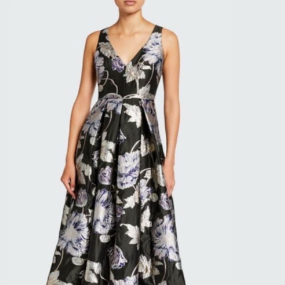 Aidan Mattox Floral Embroidered Black V-Neck evenning Dress sz 8